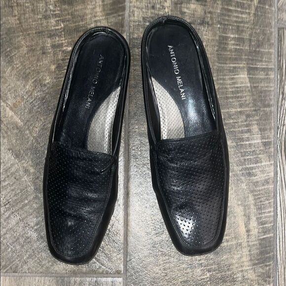 Antonio Melani Black Leather Loafers Slip-On - Picture 2 of 3